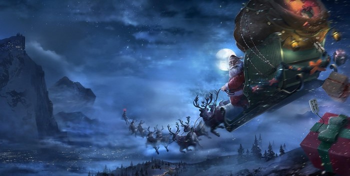 Santa Claus flying in his sleigh with reindeer over a snowy landscape