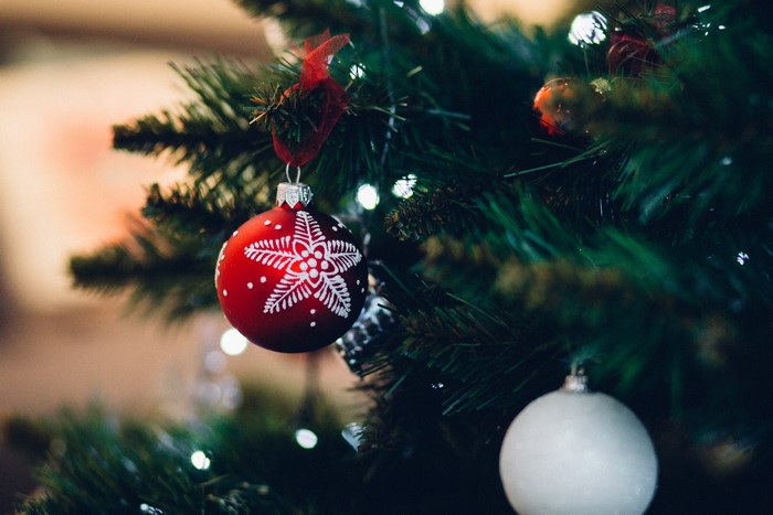Christmas tree with red and white ornaments