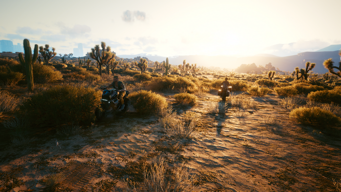Two people riding motorcycles in a desert landscape in Cyberpunk 2077