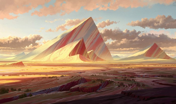 Digital art landscape of striped mountains in a desert
