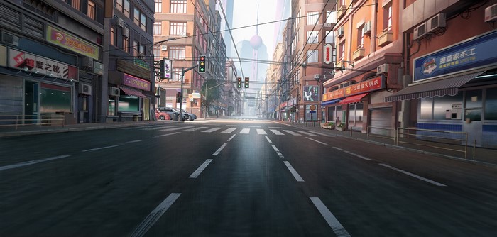 Street scene with buildings and traffic lights