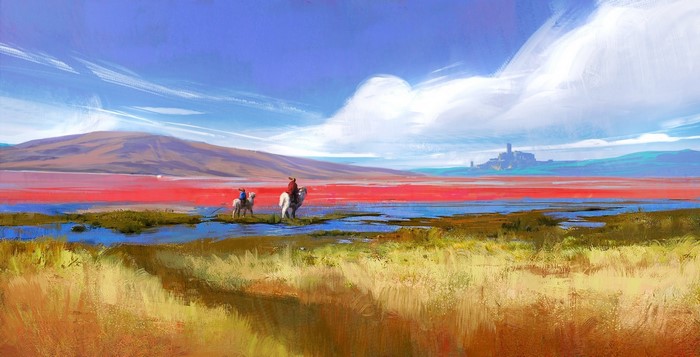 Two people on horseback by a red lake with a castle in the distance