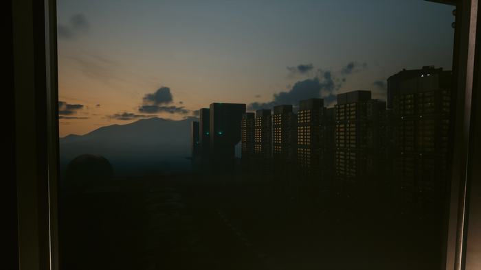 Cyberpunk 2077 cityscape at sunset