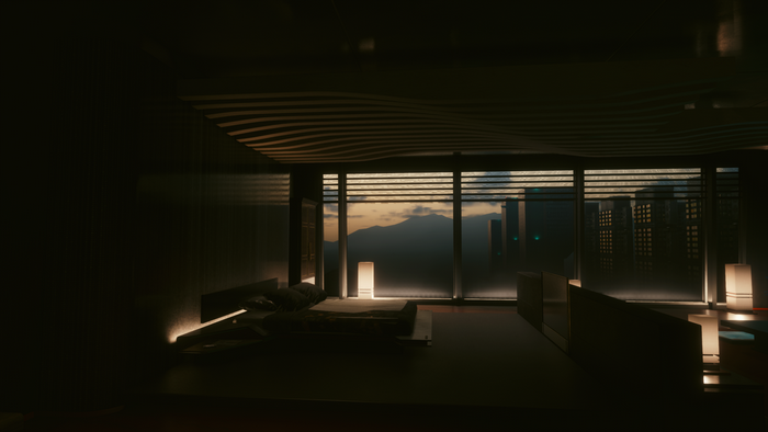 Cyberpunk 2077 bedroom with city view at sunset