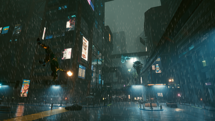 Cyberpunk 2077 character falling in rainy city