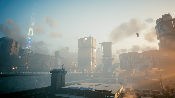 Futuristic cityscape with sun rays and tall buildings
