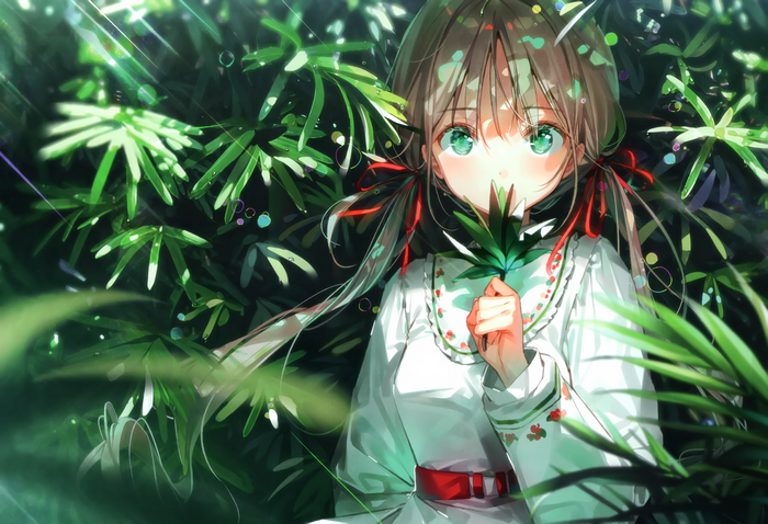 Anime girl with green eyes in leaves