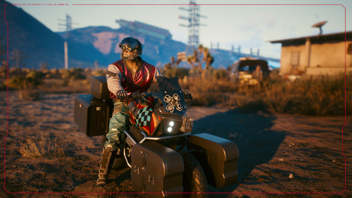 Cyberpunk 2077 screenshot of a character on a motorcycle