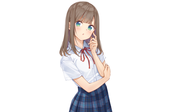 Anime girl with brown hair and aqua eyes in school uniform