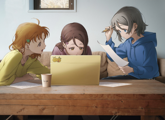 Watanabe You, Takami Chika, and Sakurauchi Riko from Love Live! Sunshine!! studying
