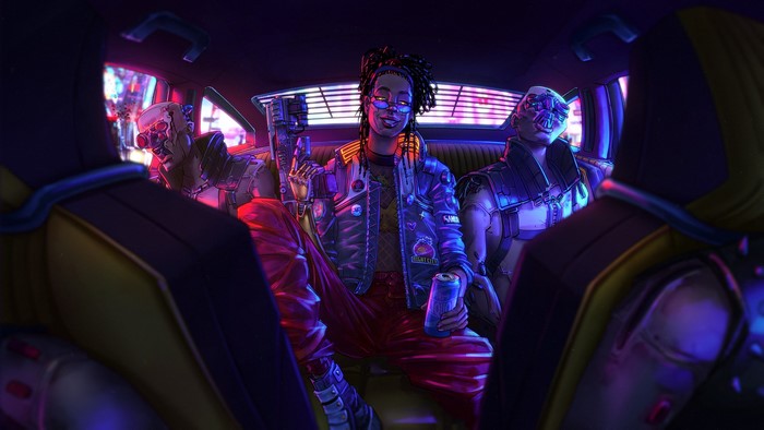 Cyberpunk 2077 characters in a car