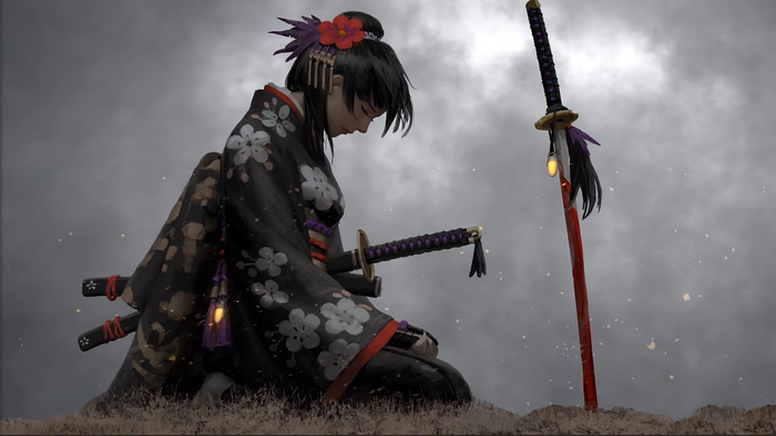 Woman in Kimono with Katanas