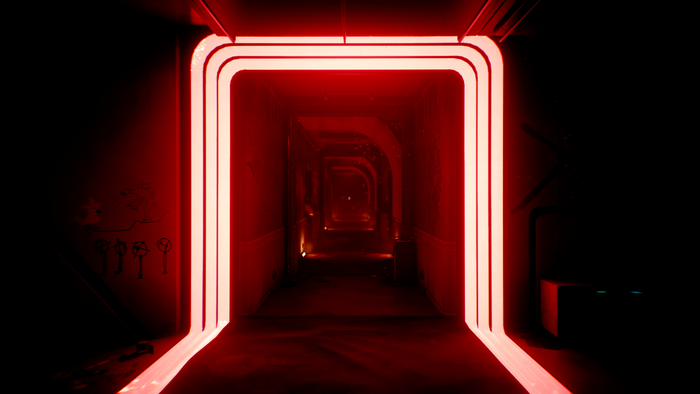 Cyberpunk 2077 hallway with red digital lighting