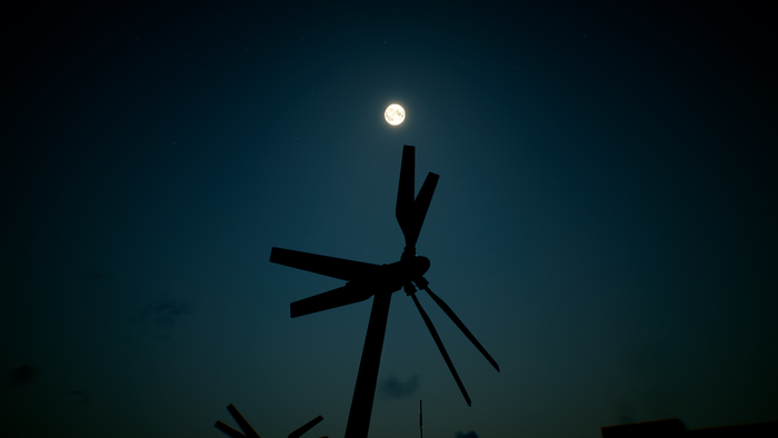 Wind turbine under moonlight in Cyberpunk 2077