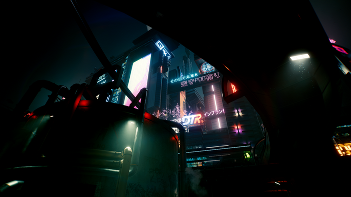 Cyberpunk 2077 city at night with neon signs