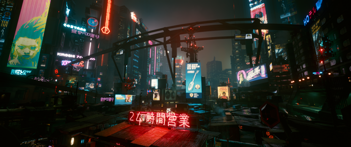 Cyberpunk 2077 Night City street with neon signs