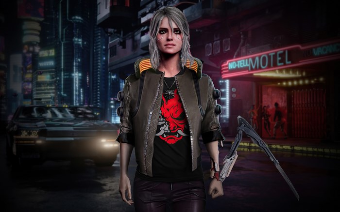 Ciri from Cyberpunk 2077 in a city