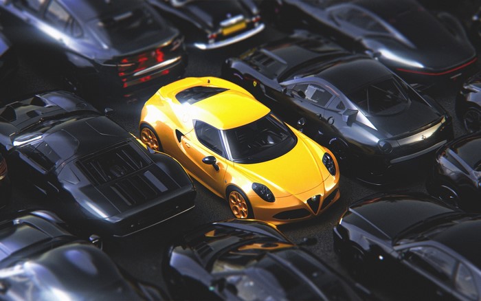 Group of black and yellow sports cars, CGI render