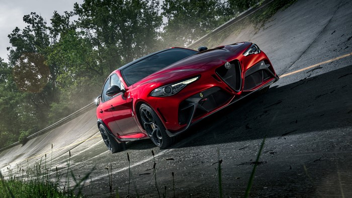 4K Red Alfa Romeo Giulia Sports Car on Track