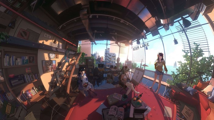 Azur Lane anime girls in a room with a view