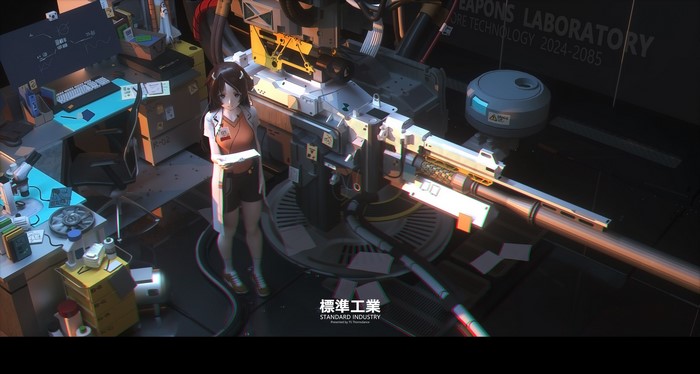 Anime girl in a futuristic weapons laboratory