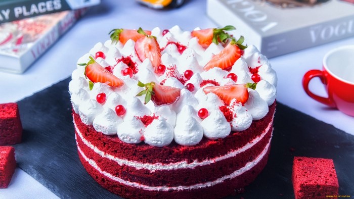 Red Velvet Cake with Strawberries and Whipped Cream