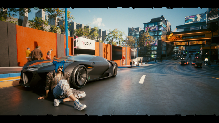 Woman with blue hair and futuristic car in Cyberpunk 2077