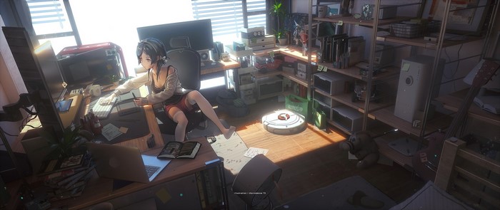 Anime girl working on computer in messy room