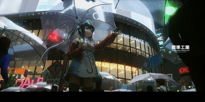 Anime girl with umbrella in rainy city with Starbucks