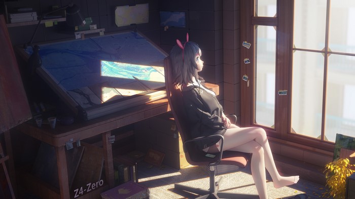 Anime girl sitting at a desk in a room