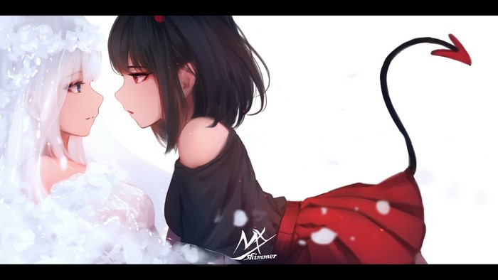 Anime girls with devil tail and wedding dress