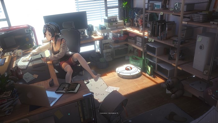 Anime girl working in a cluttered room