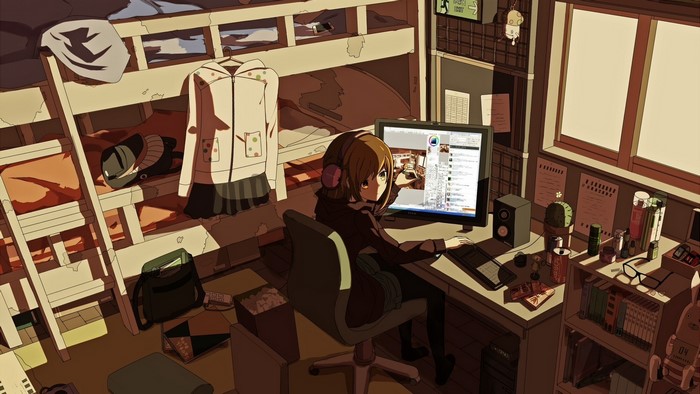 Anime girl at computer in a messy room