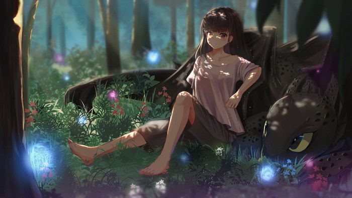 Anime girl and dragon from How to Train Your Dragon in forest