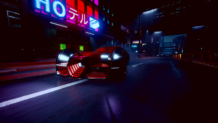Cyberpunk car in a neon city at night