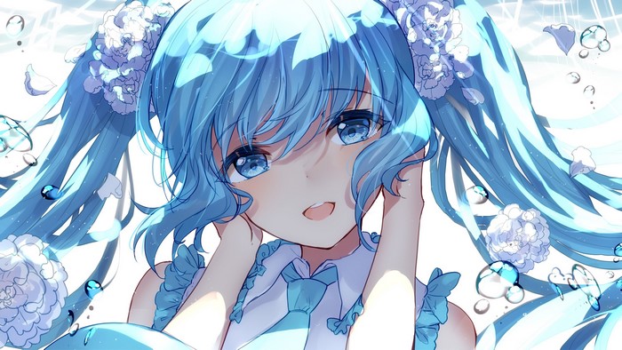 Hatsune Miku from Vocaloid with blue twintails and flowers