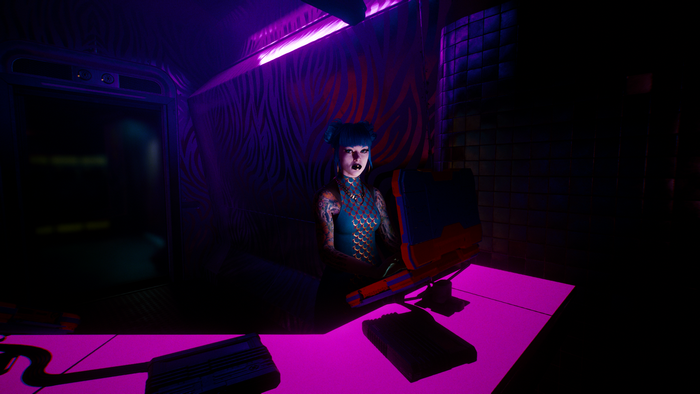Woman with blue hair in Cyberpunk 2077