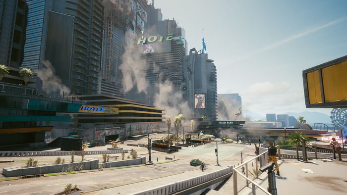 Cyberpunk 2077 screenshot of a futuristic city