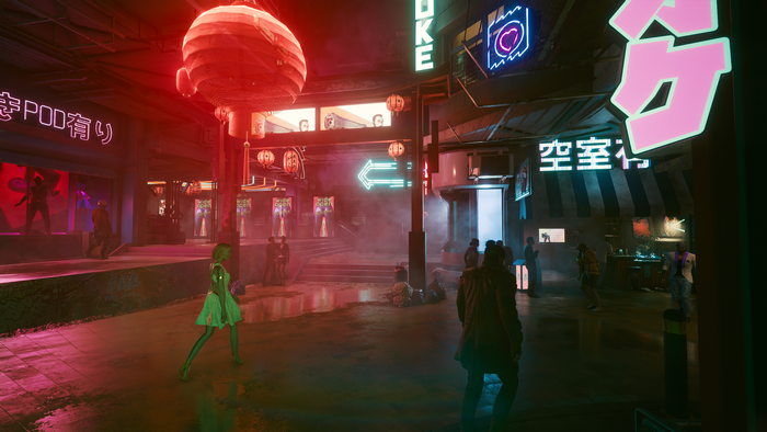 Cyberpunk 2077 street scene with neon signs