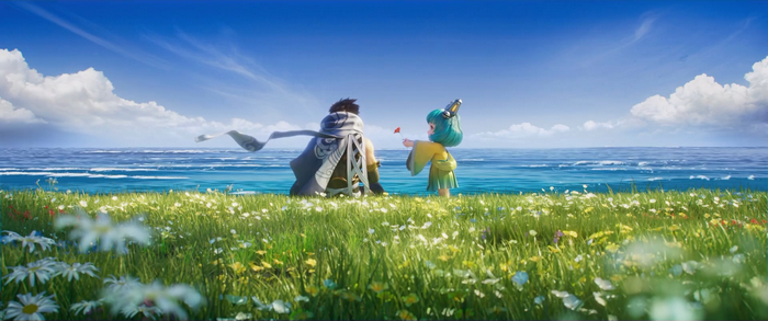 Characters from Arena of Valor in a field by the sea