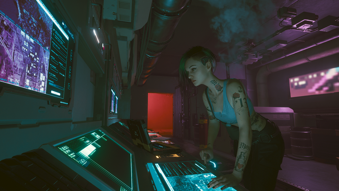 Judy Alvarez from Cyberpunk 2077 in a control room