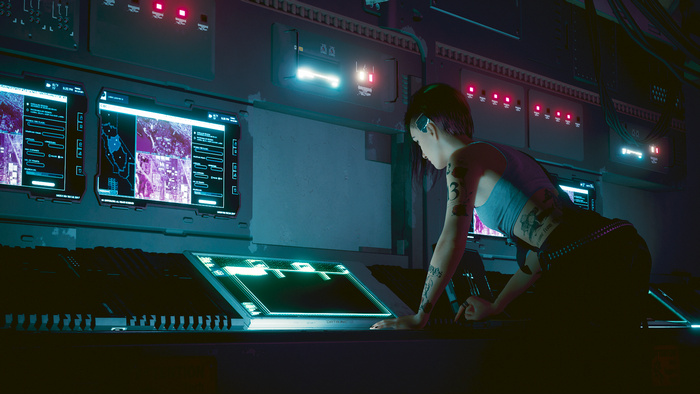 Judy Alvarez from Cyberpunk 2077 in a control room