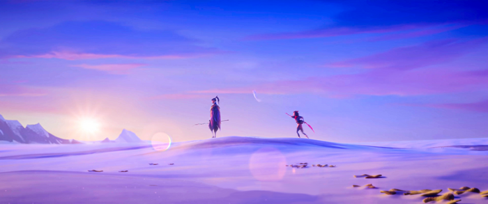 Two figures in a snowy landscape at sunset