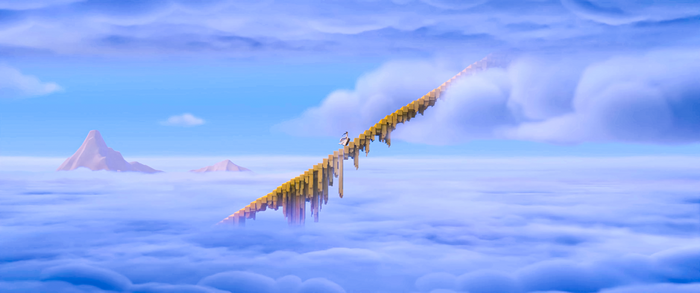 A character walks on a golden bridge in the sky