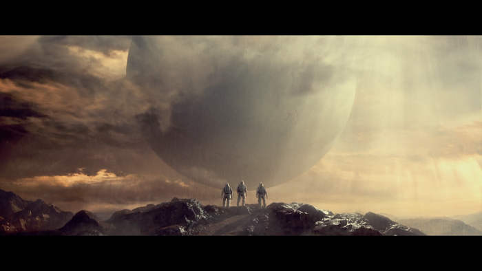 Three astronauts stand on a rocky planet with a large celestial body in the sky