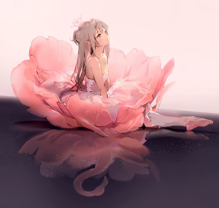 Anime ballerina girl in a pink flower dress with reflection