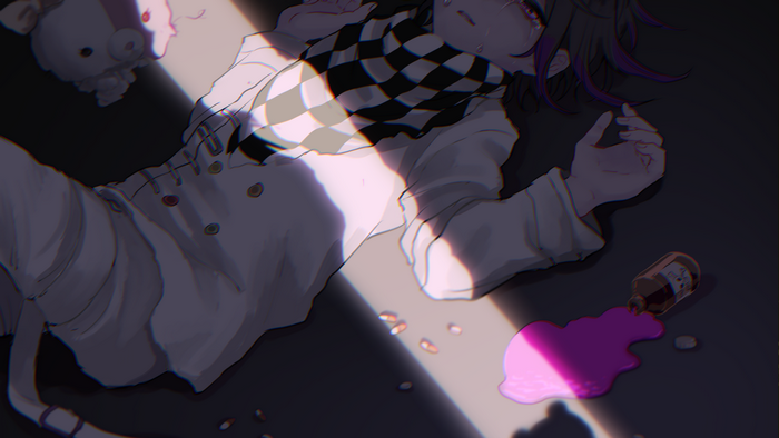 Kokichi Ouma from Danganronpa crying with pills and medicine