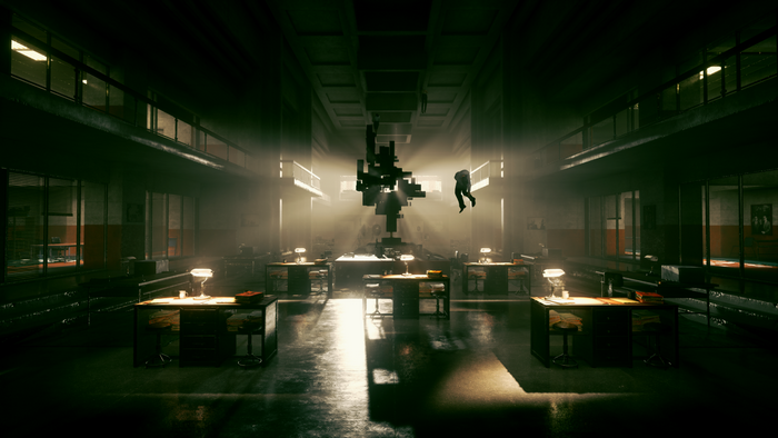 A person floats in a surreal office in Control