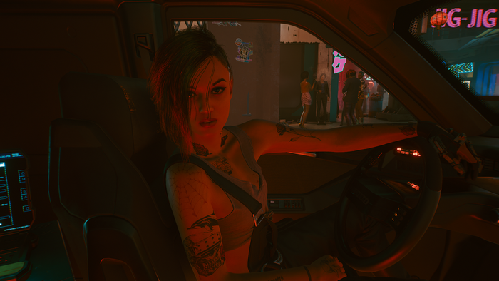 Judy Alvarez from Cyberpunk 2077 driving a car
