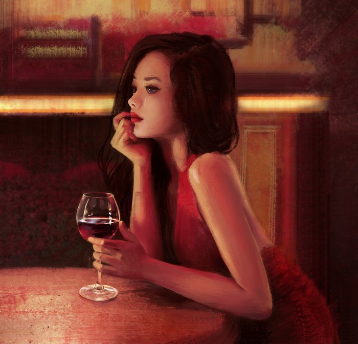 Digital Painting of Woman with Red Wine